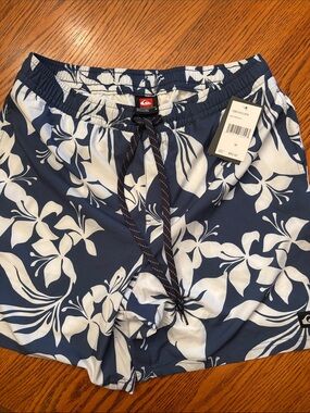Quiksilver Navy and White Floral Swim Shorts